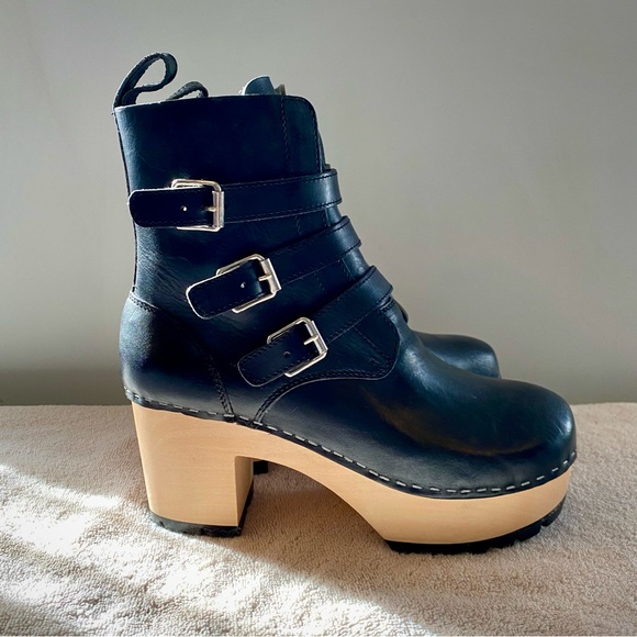 Swedish Hasbeens Buckle Boots Black Leather Platform Clog Shoes US 9 EU 39 - Picture 1 of 11